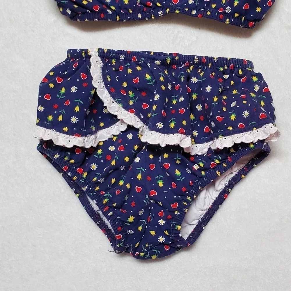 Vintage 60s Teen Girl Ultra Mod High High Bottom Ruffle Heart Floral Bikini XS